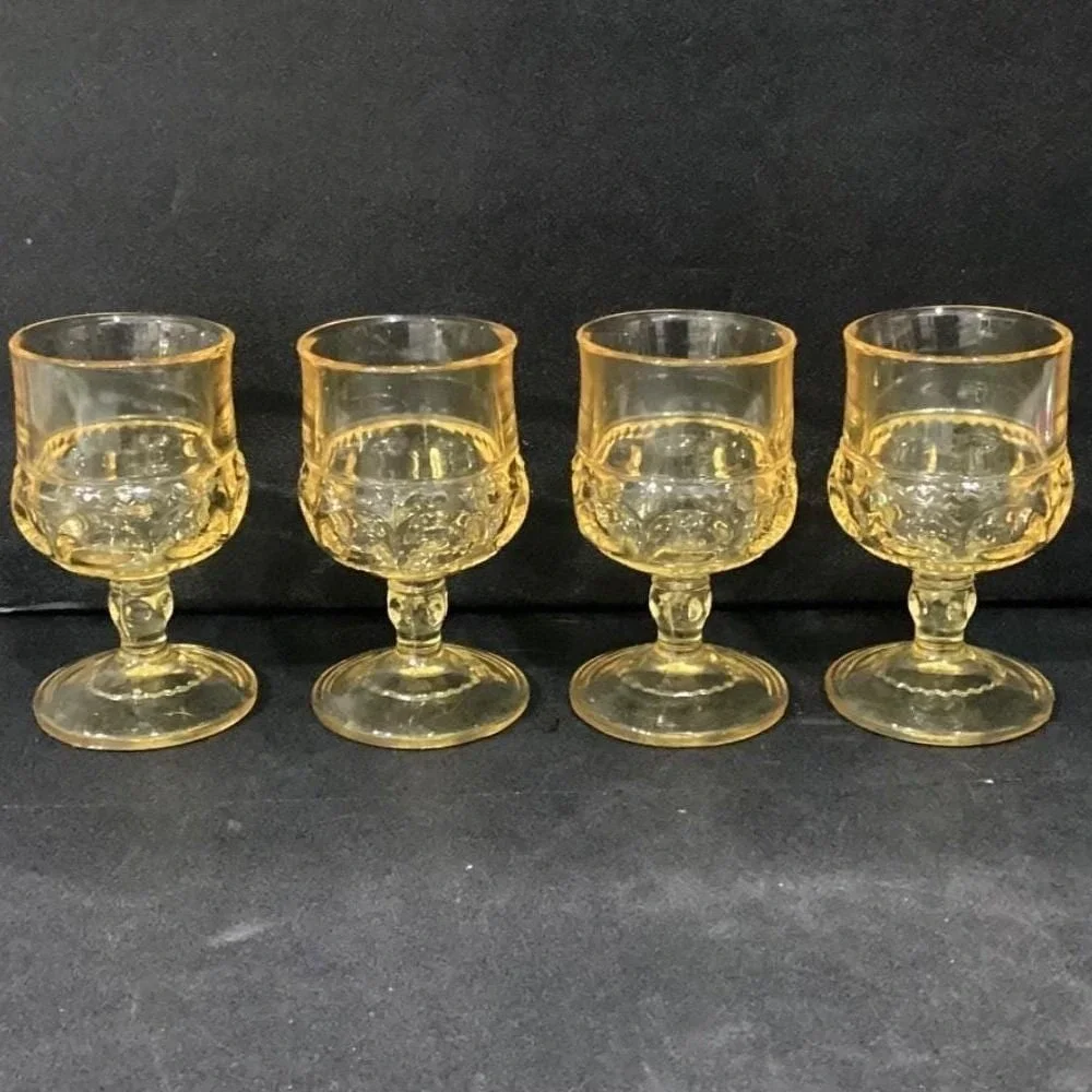 Indiana Glass Kings Crown Thumbprint Goblets, Set of 4, Vintage Yellow Stemware